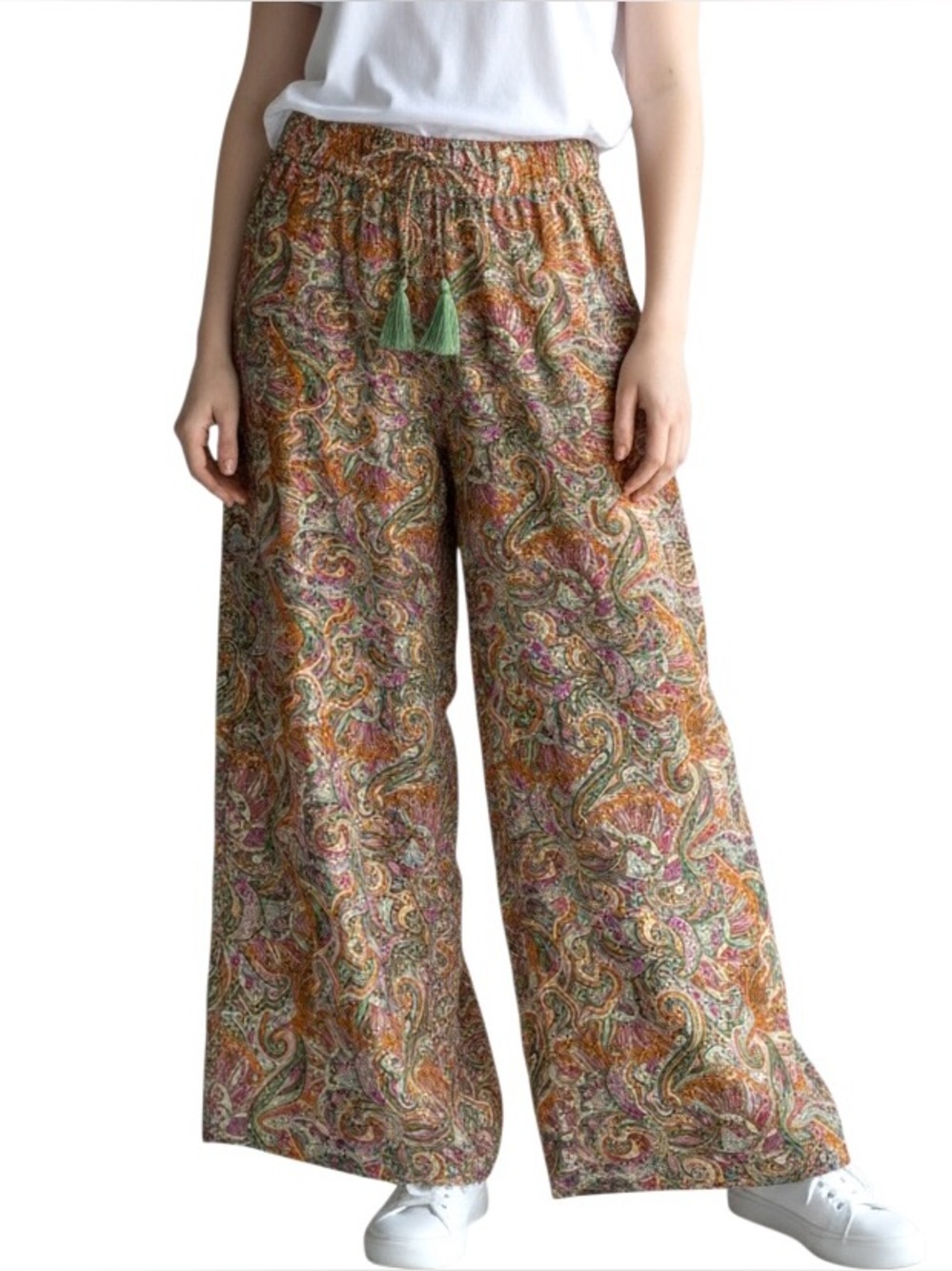 Chelsea & Theodore Paisley print Wide leg Pants Drawstring waist Tassels Women S